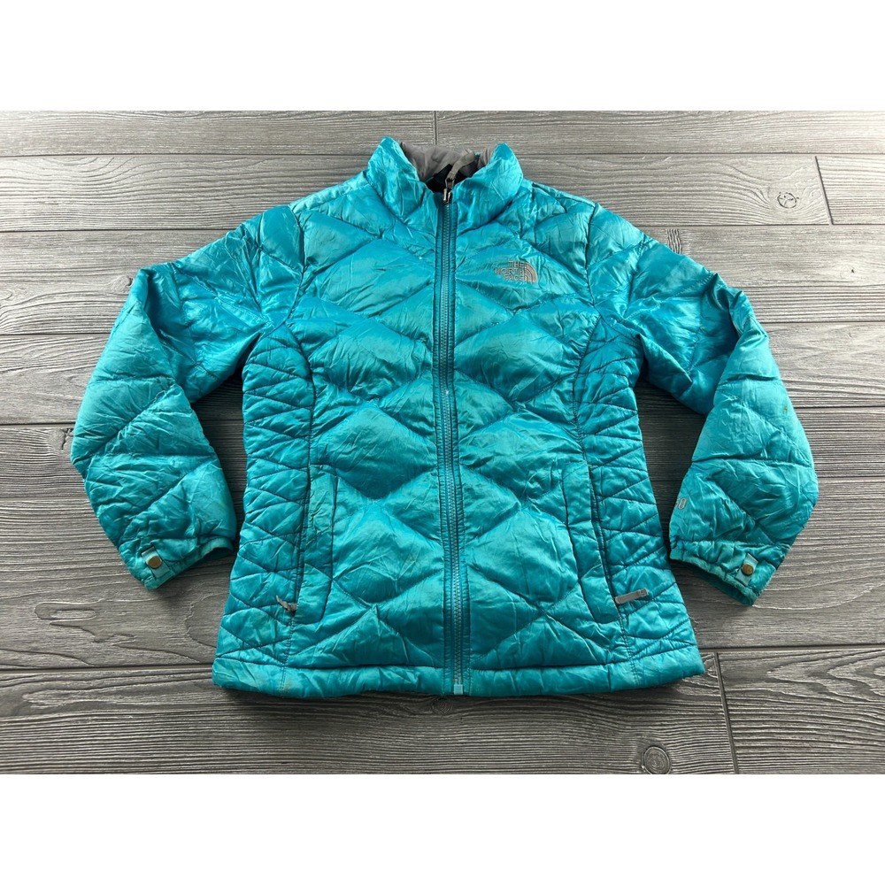 The North Face Kids 550 Down Puffer Jacket Teal Diamond Quilted Coat Size M 10